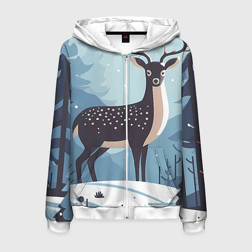 Мужская толстовка на молнии Зимняя сказка олень в лесу / 3D-Белый – фото 1