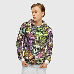 Толстовка 3D на молнии мужская Разноцветные черепа с короной паттерн, цвет: 3D-белый — фото 2
