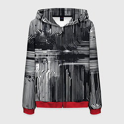 Толстовка 3D на молнии мужская Белые полосы на чёрном фоне киберпанк, цвет: 3D-красный