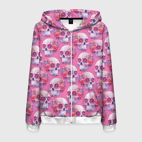 Мужская толстовка на молнии Черепа на розовом в стиле квиллинга / 3D-Белый – фото 1