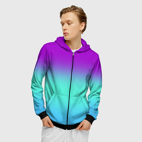 Мужская толстовка на молнии Фиолетовый бирюзовый голубой неоновый градиент / 3D-Черный – фото 3