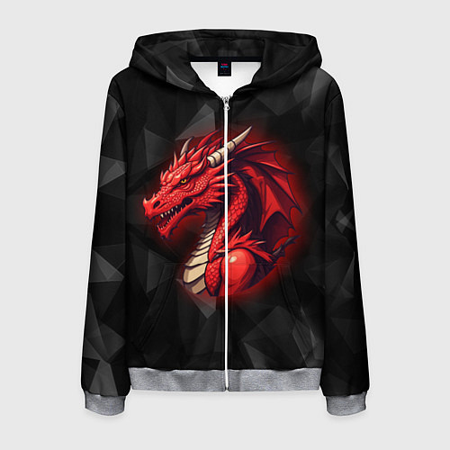 Мужская толстовка на молнии Красный дракон на полигональном черном фоне / 3D-Меланж – фото 1