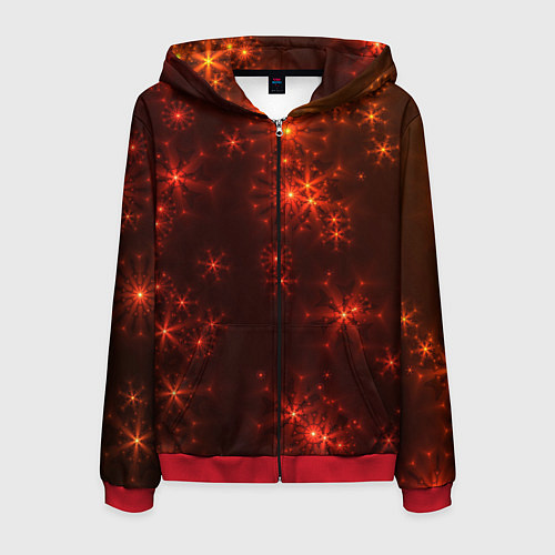 Мужская толстовка на молнии Абстрактные светящиеся красно оранжевые снежинки / 3D-Красный – фото 1