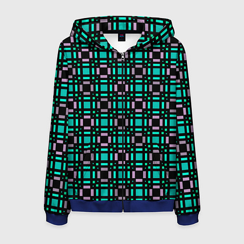 Мужская толстовка на молнии Зелено-сиреневый с черный клетчатый узор / 3D-Синий – фото 1