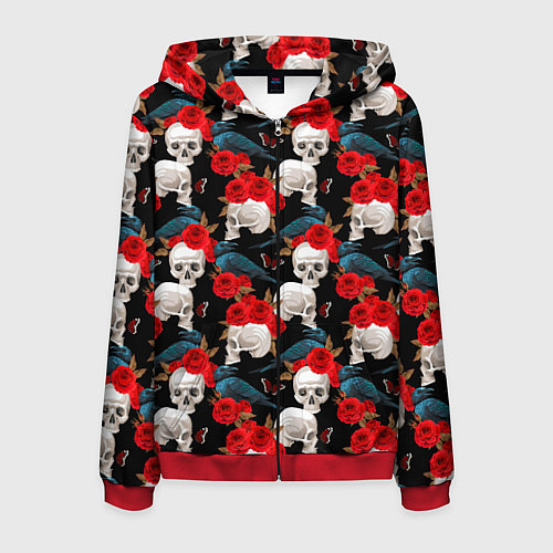 Мужская толстовка на молнии Skull in roses / 3D-Красный – фото 1