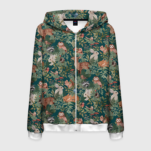 Мужская толстовка на молнии Goblincore - лес зверей / 3D-Белый – фото 1