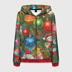Толстовка 3D на молнии мужская Новогодний принт на елке, цвет: 3D-красный