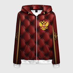 Толстовка 3D на молнии мужская Золотой герб России на красном кожаном фоне, цвет: 3D-белый