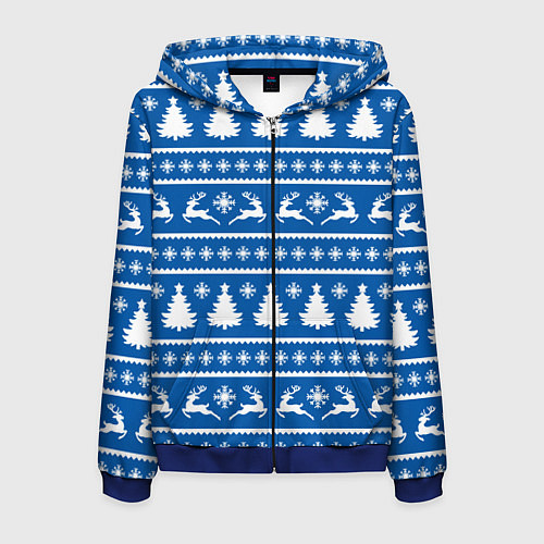 Мужская толстовка на молнии Синий свитер с новогодними оленями / 3D-Синий – фото 1