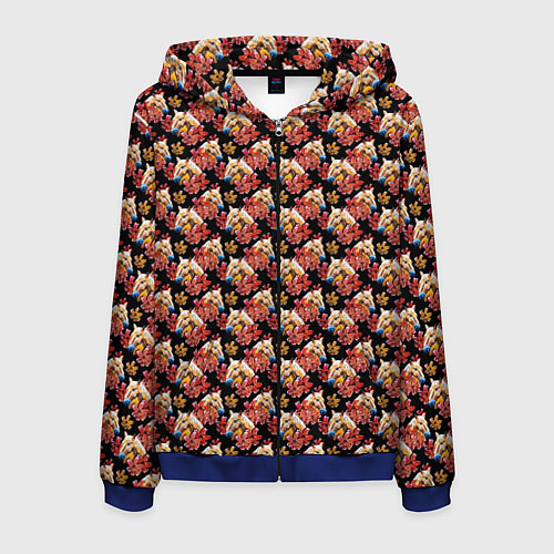 Мужская толстовка на молнии Лошади и цветы на чёрном фоне / 3D-Синий – фото 1