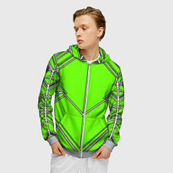 Толстовка 3D на молнии мужская Белые полосы на зелёном фоне, цвет: 3D-меланж — фото 2
