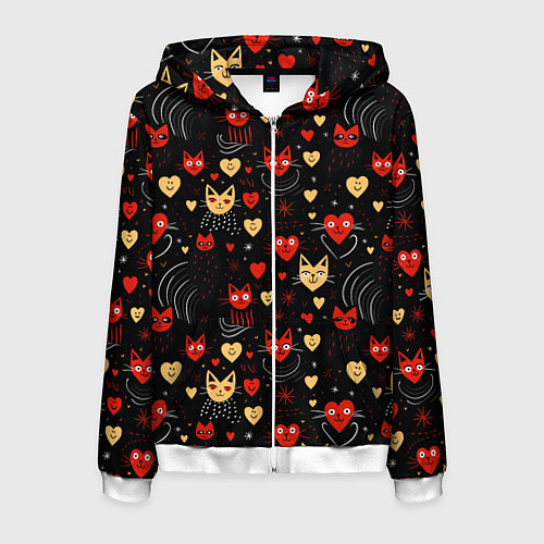 Мужская толстовка на молнии Паттерн с сердечками и котами валентинка / 3D-Белый – фото 1