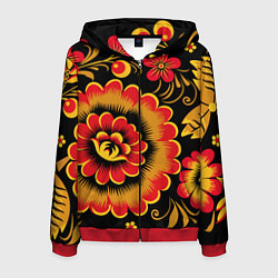 Толстовка 3D на молнии мужская Хохломская роспись красно-жёлтые цветы на чёрном ф, цвет: 3D-красный