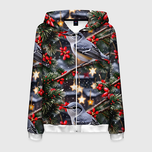 Мужская толстовка на молнии Рождественская птица пересмешник / 3D-Белый – фото 1