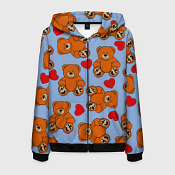 Толстовка 3D на молнии мужская Мишки и сердца на голубом фоне, цвет: 3D-черный