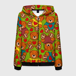 Толстовка 3D на молнии мужская Мишки игрушечные и сердечки, цвет: 3D-черный