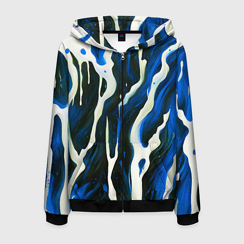 Мужская толстовка на молнии Текучая краска белая и синяя / 3D-Черный – фото 1