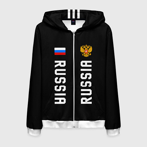 Мужская толстовка на молнии Россия три полоски на черном фоне / 3D-Белый – фото 1