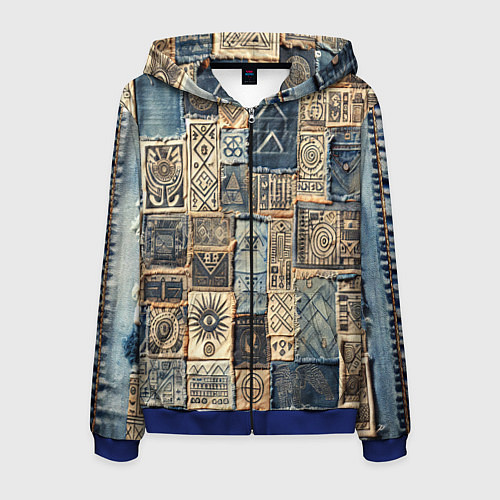 Мужская толстовка на молнии Татуировки племени майя пэчворк / 3D-Синий – фото 1