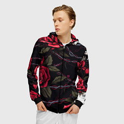 Толстовка 3D на молнии мужская Череп и красные розы, цвет: 3D-черный — фото 2