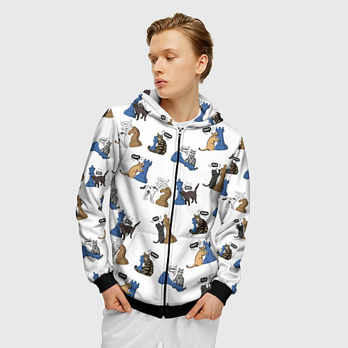 Мужская толстовка на молнии Котики и шахматы белый / 3D-Черный – фото 3