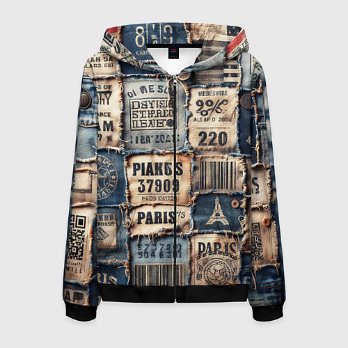Мужская толстовка на молнии Пэчворк джинсы из Парижа / 3D-Черный – фото 1