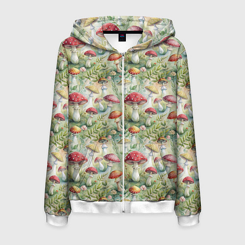 Мужская толстовка на молнии Дикие грибы лесные мухоморы / 3D-Белый – фото 1