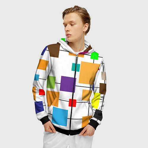 Мужская толстовка на молнии Разноцветные квадраты паттерны / 3D-Черный – фото 3