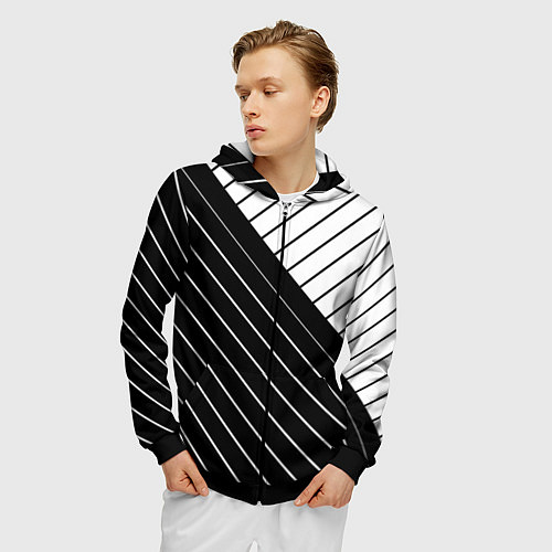 Мужская толстовка на молнии Чёрно-белый косые линии / 3D-Черный – фото 3