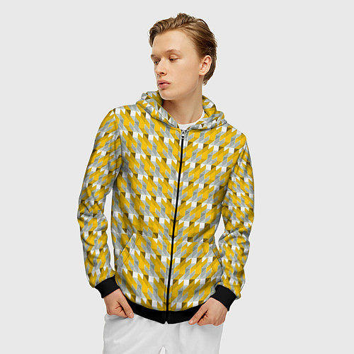 Мужская толстовка на молнии Жёлто-белый паттерн / 3D-Черный – фото 3