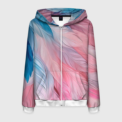 Мужская толстовка на молнии Пастельно-голубые и розовые перья / 3D-Белый – фото 1