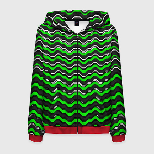 Мужская толстовка на молнии Белые и зелёные полосы на чёрном фоне / 3D-Красный – фото 1