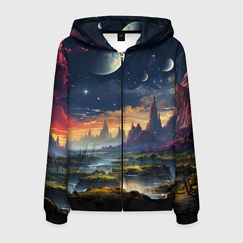 Мужская толстовка на молнии Космический фантазийный мир на другой планете / 3D-Черный – фото 1