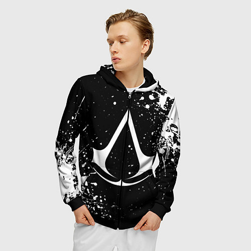 Мужская толстовка на молнии White logo of assasin / 3D-Черный – фото 3