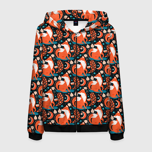 Мужская толстовка на молнии Разноцветный орнамент лисы паттерном / 3D-Черный – фото 1