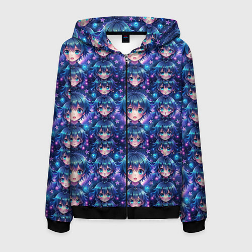 Мужская толстовка на молнии Аниме персонаж с синими волосами / 3D-Черный – фото 1
