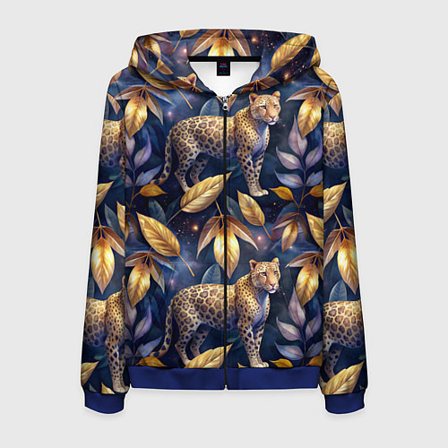 Мужская толстовка на молнии Леопард с золотыми листьями паттерны / 3D-Синий – фото 1