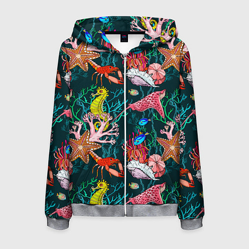 Мужская толстовка на молнии Морская жизнь под водой - паттерн с звёздами и кон / 3D-Меланж – фото 1