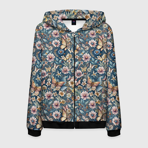 Мужская толстовка на молнии Летний узор с цветами и бабочками / 3D-Черный – фото 1