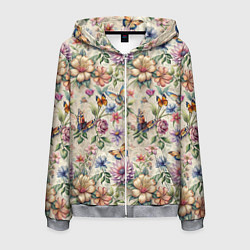 Толстовка 3D на молнии мужская Летний узор с цветами и бабочками, цвет: 3D-меланж