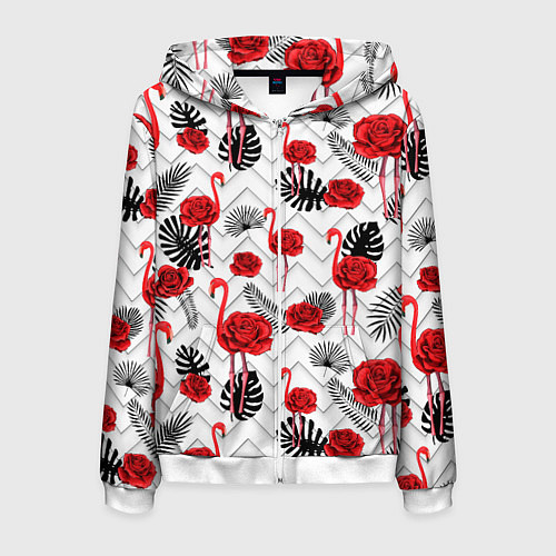 Мужская толстовка на молнии Фламинго с розой / 3D-Белый – фото 1