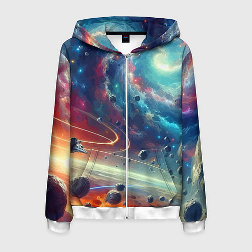 Мужская толстовка на молнии Полет к далёкой планете - нейросеть / 3D-Белый – фото 1