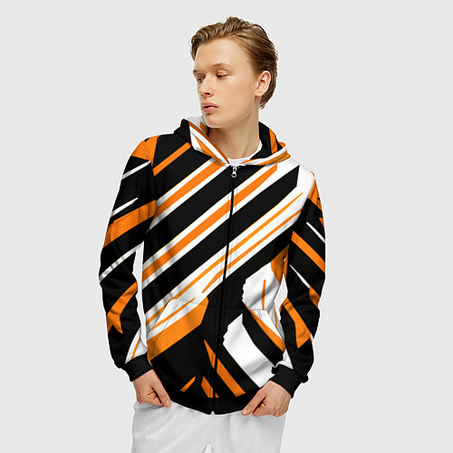 Мужская толстовка на молнии Чёрно-оранжевые полосы на белом фоне / 3D-Черный – фото 3