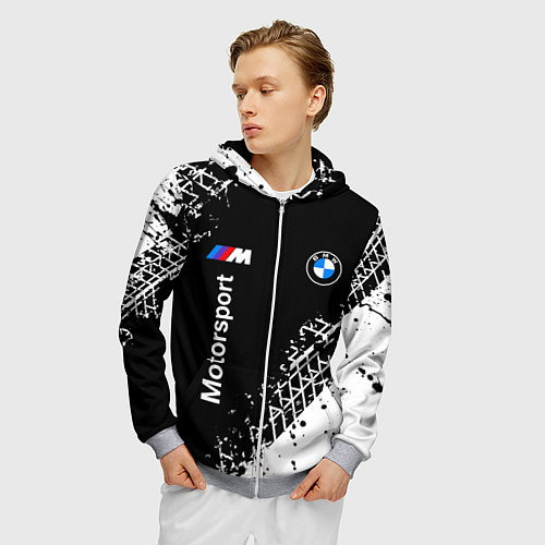 Мужская толстовка на молнии БМВ: следы от шин / 3D-Меланж – фото 3
