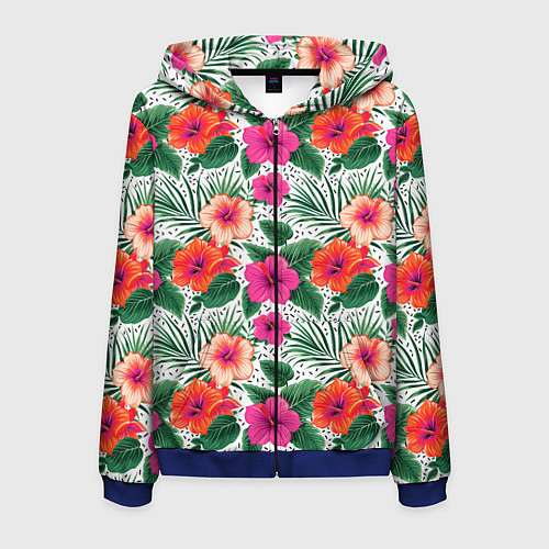 Мужская толстовка на молнии Цветы гибискуса и листья мальмы летний тропический / 3D-Синий – фото 1