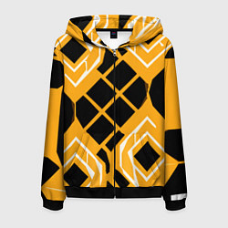 Толстовка 3D на молнии мужская Чёрные квадраты и белые полосы на оранжевом фоне, цвет: 3D-черный
