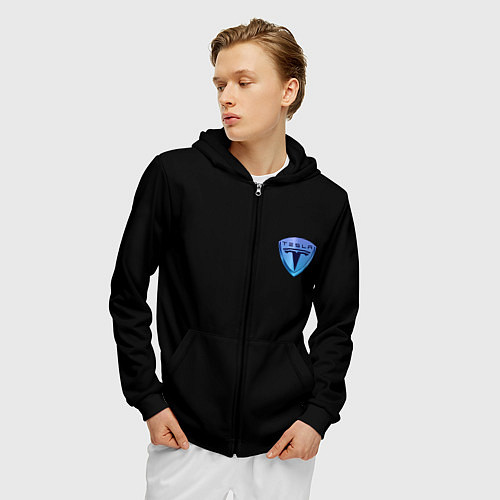 Мужская толстовка на молнии Tesla logo neon / 3D-Черный – фото 3