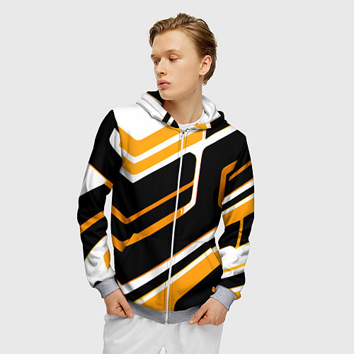 Мужская толстовка на молнии Чёрно-жёлтые полосы на белом фоне / 3D-Меланж – фото 3