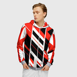 Толстовка 3D на молнии мужская Black and red stripes on a white background, цвет: 3D-меланж — фото 2