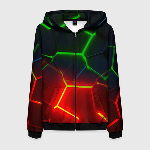 Мужская толстовка на молнии Зеленые и красные неоновые плиты в разломе / 3D-Черный – фото 1